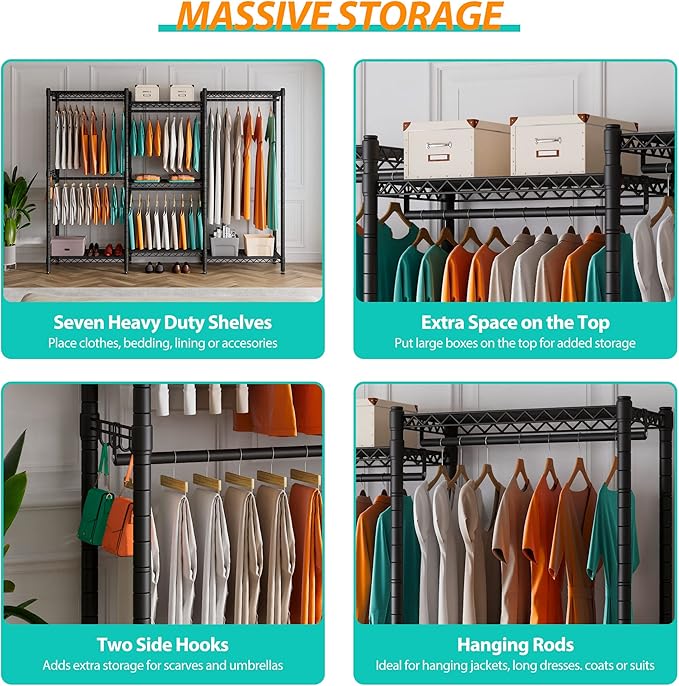 PUNION GR7 Plus Large Portable Closet Wardrobe Heavy Duty Clothes Rack, Freestanding Wardrobe Closet with 5 Hang Rods & 7 Shelves, 2 Hooks, Adjustable Clothing Rack, 86"L x 18”W x 77”H, 1500LBS, Black