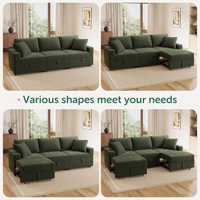 HONBAY Sectional Sofa, Modular L Shaped U Shaped Pull Out Couch with Storage, Velvet Green