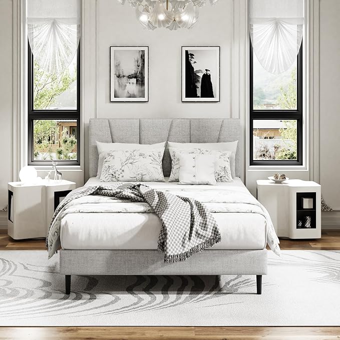 Full Size Platform Bed Frame with Upholstered Headboard, Wooden Slats Support, Noise Free, No Box Spring Needed, Easy Assembly, Light Grey, Linen