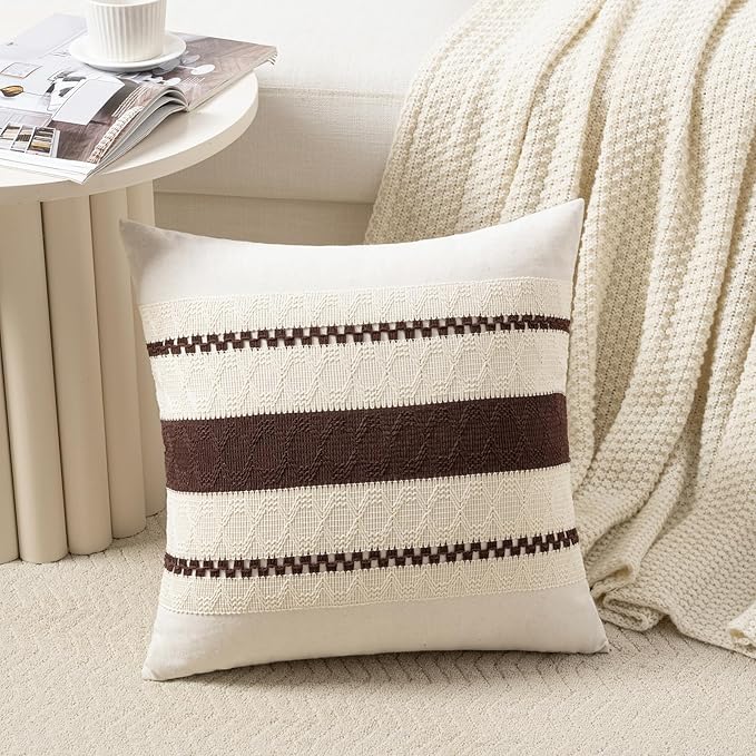 Fancy Homi Set of 2 Boho Brown Big Decorative Throw Pillow Cover 24x24 Inch for Couch Bed Bedroom, Aesthetic Modern Organic Farmhouse Room Decor, Soft Cotton Accent Macrame Woven Cushion Case