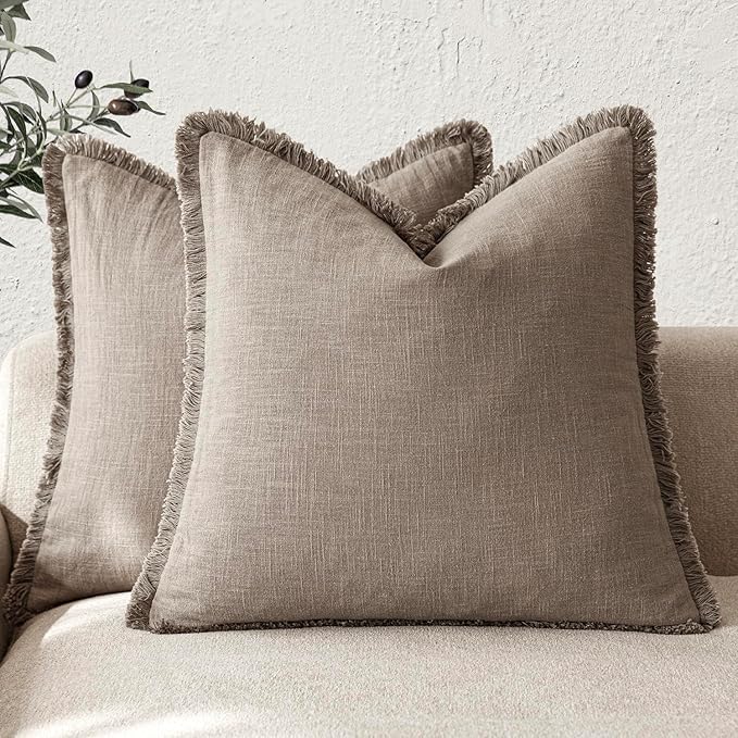 Foindtower Set of 2 Decorative Linen Fringe Throw Pillow Covers Boho Farmhouse Cushion Cover with Tassels Accent Pillowcase for Couch Chair Sofa Bed Living Room Home Decor,16×16 Inch,Brown Tan
