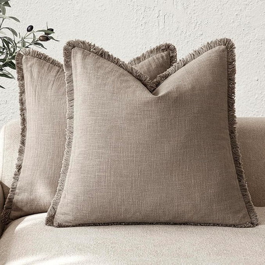 Foindtower Set of 2 Decorative Linen Fringe Throw Pillow Covers Boho Farmhouse Cushion Cover with Tassels Soft Accent Pillowcase for Couch Chair Sofa Bed Living Room Home Decor,18×18 Inch,Brown Tan