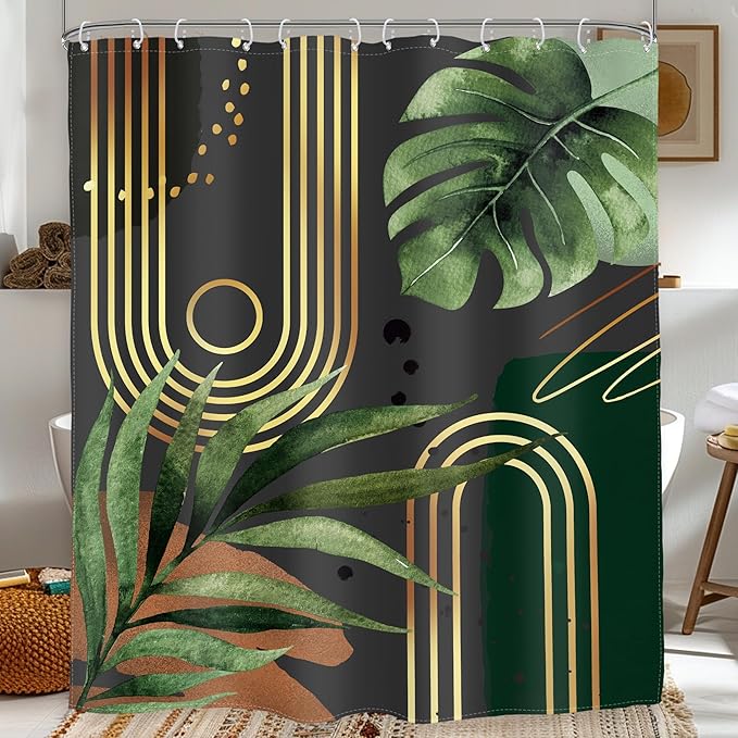 Glawry Dark Green Gold Boho Mid Century Shower Curtain Extra Long Abstract Minimalist Tropical Modern Geometric Leaf Bathroom Simple 72Wx84L Inches Bath Accessories Art Home Decor Fabric 12 Pack Hook