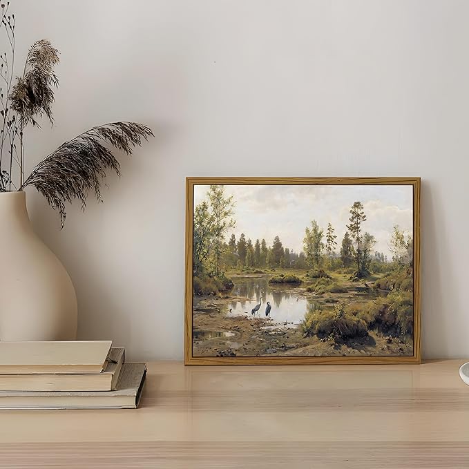 Floating Framed Canvas Wall Art Vintage Decor - Tranquil Marsh Landscape Wall Decor, Countryside Farmhouse Scenery Paintings Prints for Living Room Bedroom Office Decoration 8x10 inch