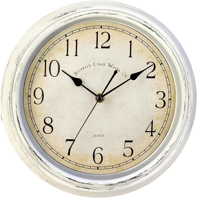 Bernhard Products Vintage Wall Clock Silent Non Ticking - 12 Inch Quality Quartz Battery Operated Decorative White Clock for Home Kitchen Living/Dining Room Office Decor, Easy to Read, Rustic