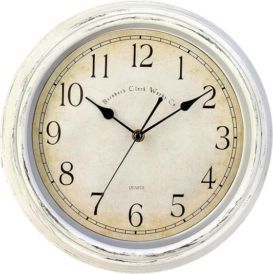 Bernhard Products Vintage Wall Clock Silent Non Ticking - 12 Inch Quality Quartz Battery Operated Decorative White Clock for Home Kitchen Living/Dining Room Office Decor, Easy to Read, Rustic
