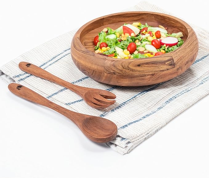 Acacia Wood Bowl Set – Round Wooden Serving Bowl with Spoon and Fork, Handmade Large Fruit and Salad Bowl, Natural Finish, Rustic Kitchen Dining Tableware for Snacks, Meals & Hosting – 2.5 Inch Deep