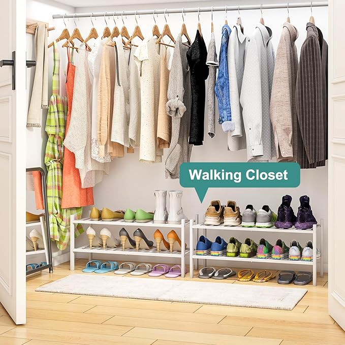 White Shoe Rack for Entryway, 2 Tier Shoe Organizer for Hallway Closet, Bamboo Wood Shoe Racks for Indoor Outdoor (White, 2-Tier)