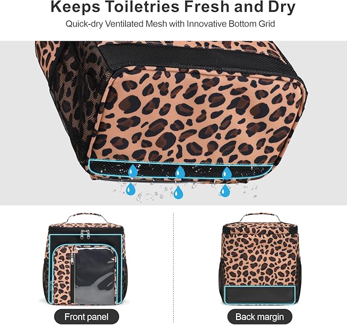 F-color Hanging Shower Caddy Portable - College Dorm Essentials for Guys with Hooks, Quick-Dry Shower Bag for Dorm Travel Gym Camping Essentials, Water-Resistant with Multiple Pockets, Leopard