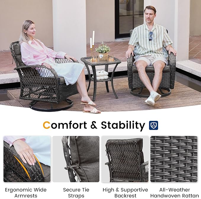 UDPATIO 3 Pieces Patio Furniture Set, Outdoor Swivel Rocker Patio Chairs Set of 2, All-Weather PE Wicker Glider Chairs with Thick Cushions and Glass Coffee Table，for Porch Deck Backyard Grey