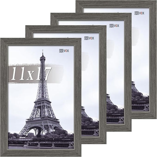 VCK 11x17 Picture Frame Set of 4 - Grey, Gallery-Quality Wood Poster Frames, 1.1-Inch Wide Border, Polished Plexiglass, Vertical or Horizontal Wall Display for Photo/Art/Prints, Grey