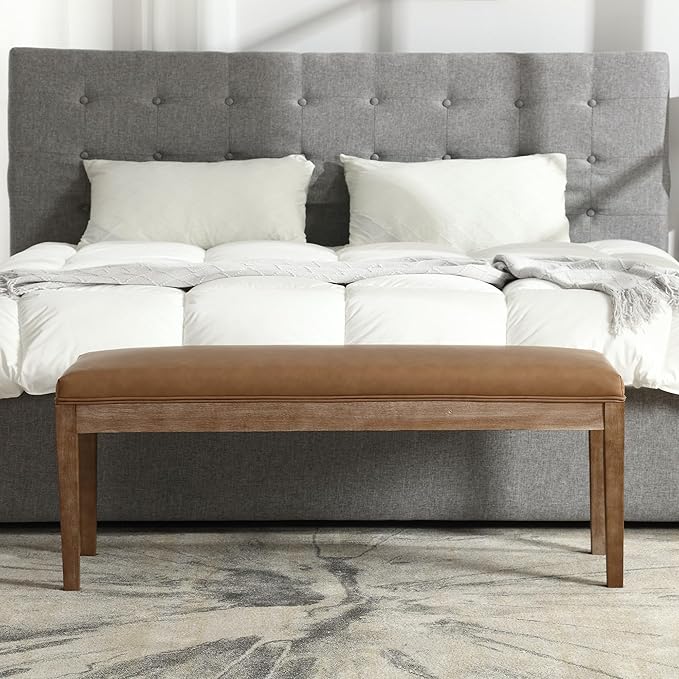 Upholstered Entryway Bench Farmhouse Shoe Benches for Hallway Porch Bedroom Bench for End of Bed Dining Bench for Dining Table Dining Room Kitchen Window with Wood Legs, PU Leather, Brown