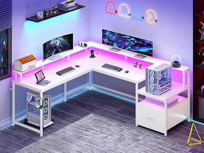 SEDETA White L Shaped Gaming Desk, 66" Home Office Desk with File Drawer, Power Outlet and Led Lights, Corner Computer Desk with Monitor Shelf, Printer Storage Shelves, for Two Person