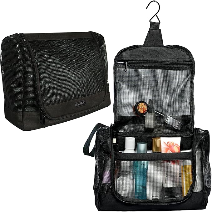 The Fine Living Portable Latex Mesh Shower Caddy Tote Bag, Gym Shower Caddy Hanging Organizer with Metal Hook, Dorm Room Essentials, Travel Toiletries, Camping RV Essentials, Black 12”x3”x8”