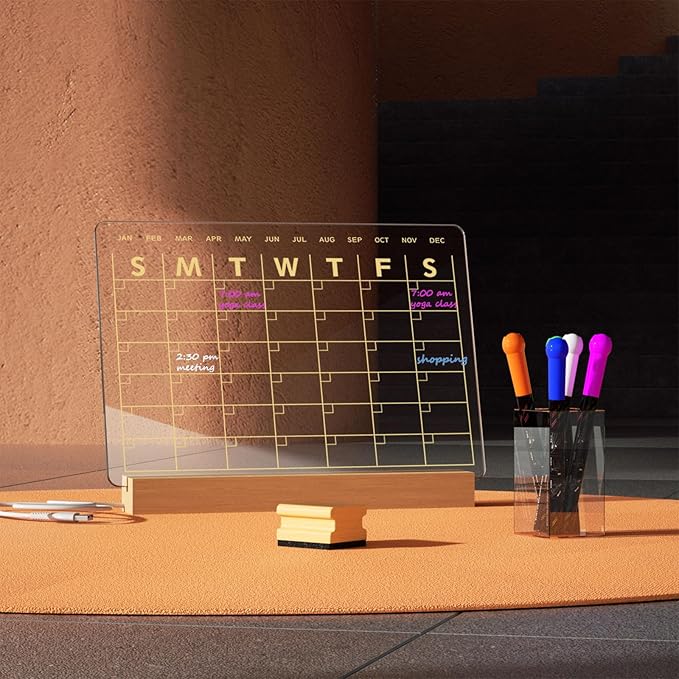 Light Up Clear Dry Erase Calendar 13 x 9 inch with 5 Markers, Acrylic Lighting Markable Calendar Board Agenda for Bedroom/Office/Home/Kitchen