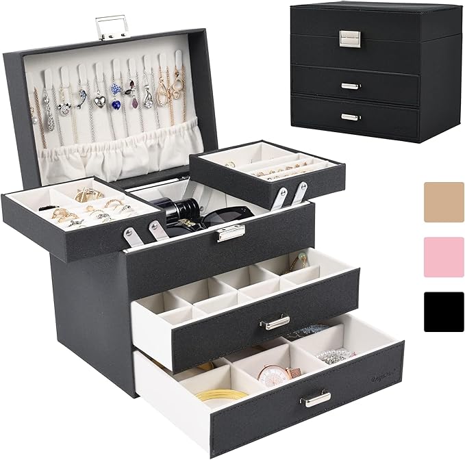 Dajasan Jewelry Boxes for Women Girls, Jewelry Organizer Box, 4 Layers Large Jewelry Storage Organizer for Earring, Ring, Necklace, Bracelets (Black)