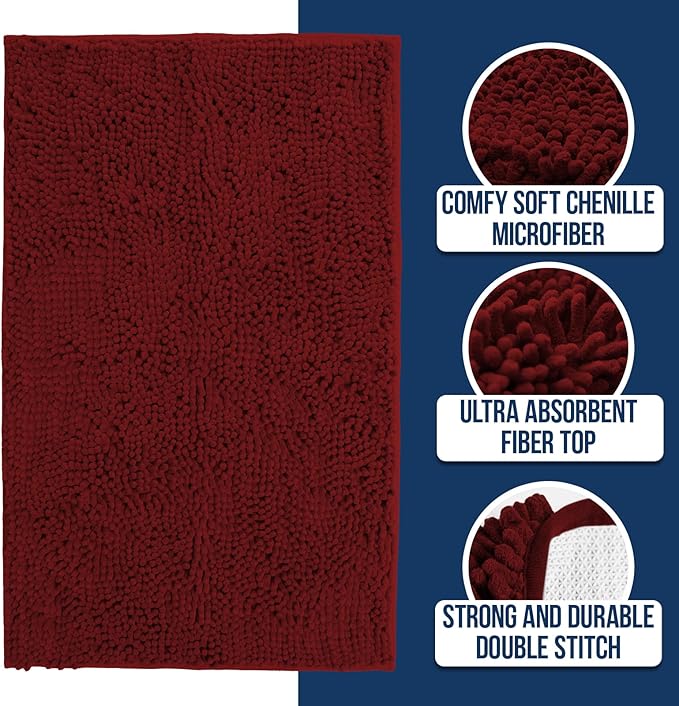 Muddy Mat Chenille Bathroom Rugs Quick Dry Microfiber Mats Non Slip Washable, Extra Thick, Soft and Highly Absorbent Bath Mats for Bathroom, Kitchen, and Shower Floor - Red Runner 59"X24"