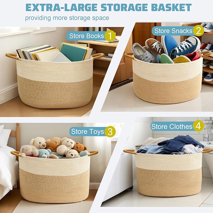 Large Woven Laundry Basket, Cotton Rope Storage Basket for Bedroom, Nursery & Bathroom – Toy Storage Organizer (Large(21.65" L x 12.6" W x 13.78" H))