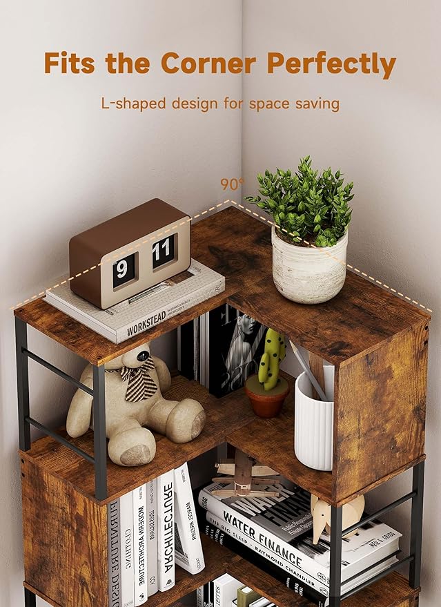 Baoz 7-Tier Corner Shelf- L Shape Corner Bookshelf with Storage- Wood Metal Bookcase Open Floor Stand Shelf Tall Decorative Display Storage Organizer in Living Room/Bedroom/Home/Office (Rustic Brown)
