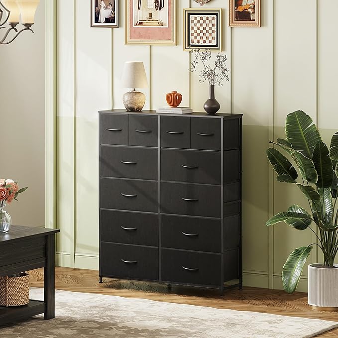 WLIVE Storage Organizer Unit with 12 Fabric Bins, Storage Drawers Organizer with Steel Frame, Tall Storage Tower Organizaton for Living Room, Hallway, Office, Charcoal Black