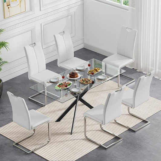 Modern Glass Dining Table Set for 6, Black Glass Kitchen Table and Chairs Set of 6, 7 Piece Dining Room Table Set with 61" Rectangular Metal Glass Dinner Table and 6 White Leather Dining Chairs