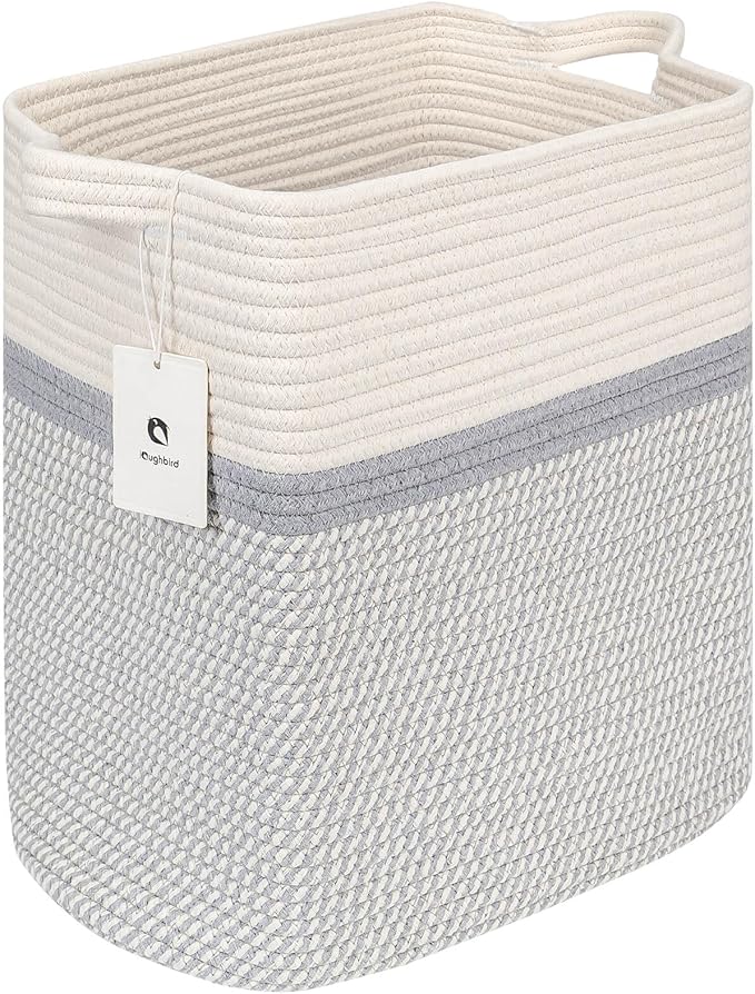 Storage Baskets for Clothes Fabric Cotton Rope Storage Basket with Handles, Decorative Woven Basket for Living Room,Closet Organizer Blankets, and 2bags (White/Gray, L16×W11.4×H15.9)