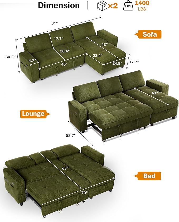 Vipbear Sleeper Sectional Sofa, 81" L Shaped Couch with Pull Out Bed, Convertible Chenille Cloud Sofa with Reclining Backrest | Reversible Storage Chaise | USB Ports | Tool-Free Assembly | Green