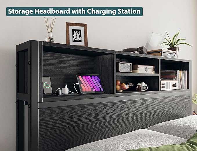 EnHomee Full Size Bed Frame with 6 Storage Drawers Full Bed Frame with Headboard, Storage Bed with Charging Station, No Noise,No Box Springs Needed,Black