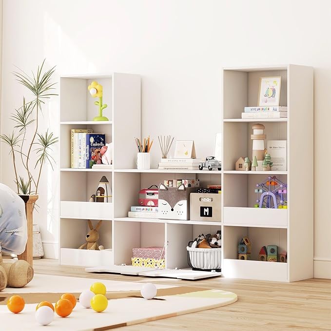4 Tier Kids Bookshelf and Toys Storage Organizer - Bookcase for Kids Room,9 Cube Toys Bookshelf with 2 Drawers,Book Shelf for Living Room Nursery for Children, Toddlers, Gifts,White
