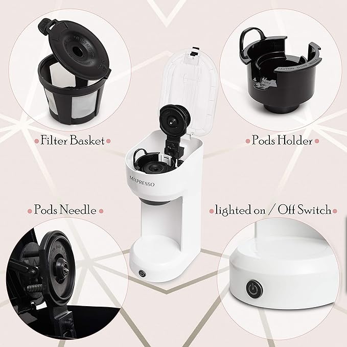 Mixpresso 2 in 1 Brewer Single Serve Coffee Maker for K Capsule and Ground Coffee, Single Cup Coffee Machine, Compact Size Mini Coffee Maker Quick Brew Technology 14oz White One Cup Coffee Brewer