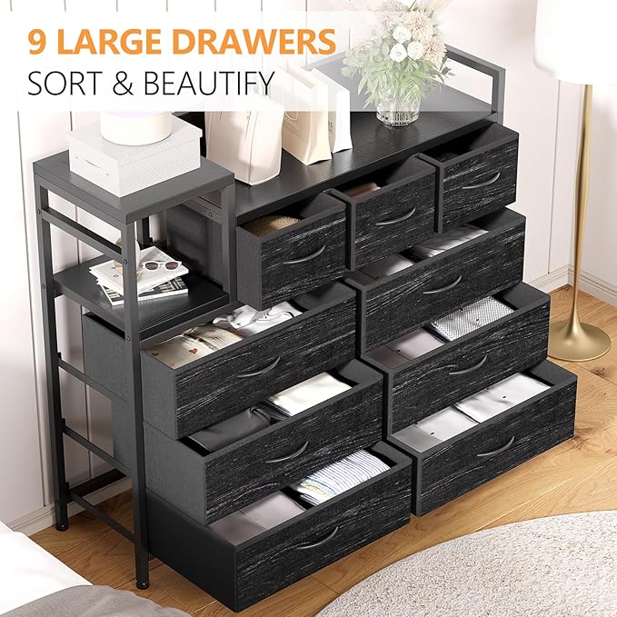 Jojoka TV Stand with Charging Station, Bedroom Dresser for Living Room TV Stand with 9 Drawers,（Black Willow）