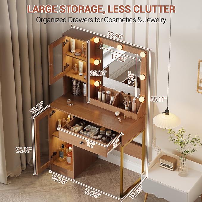 Vanity Desk with Mirror and Lights, Makeup Dressing Table w/Adjustable Bulbs, Outlets & USB Ports, Sturdy MDF Top & Metal Leg, Smart Storage Drawers & Cabinets for Bedroom