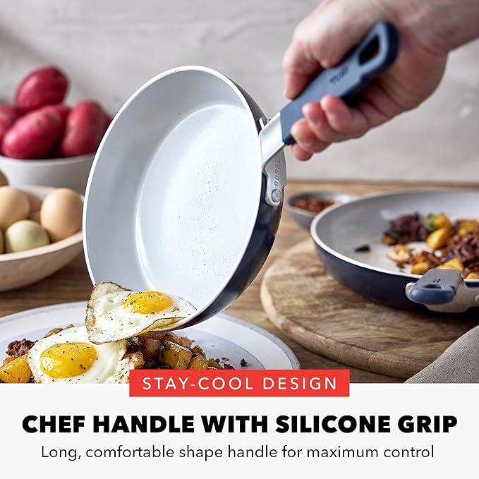 GreenPan x Bobby Flay 8" Nonstick Frying Pan Skillet, PFAS-Free Diamond Ceramic, Induction Suitable, Stay-Cool Silicone Handle, Easy Clean Dishwasher & Oven Safe, Egg & Omelet Pan, Oxford Blue