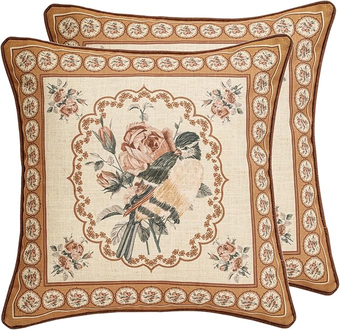 patdrea Designer Vintage Floral Throw Pillow Covers for Couch Set of 2,Brown Linen Pillowcases with Bird and Rose Pattern Decorative Square Cushion for Bed Living Room Outdoor Cafe Car,18"x18"