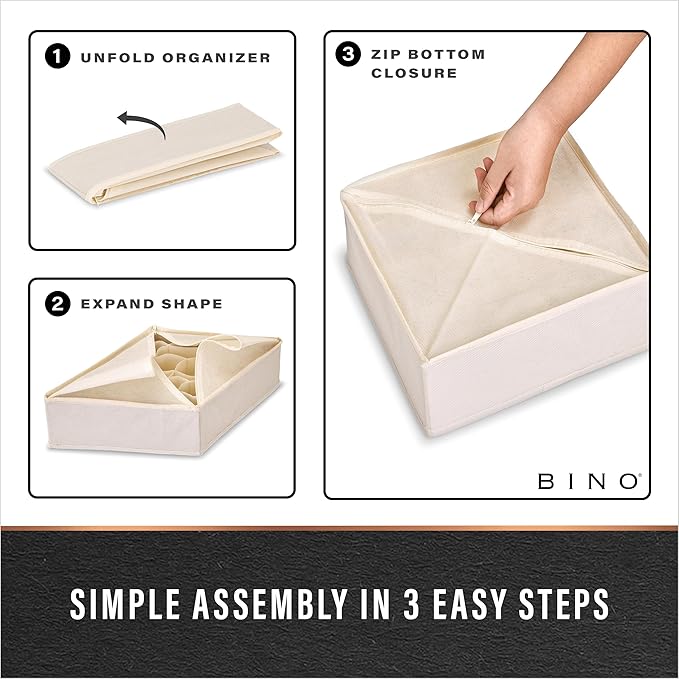 BINO 3-Pack Underwear Drawer Organizer - Beige | Sock Organizer | Drawer Organizer Dresser | Interior Drawer Organizer Storage | Dividers Dresser Drawers | Undergarment Scarf Tie Drawer Organizer