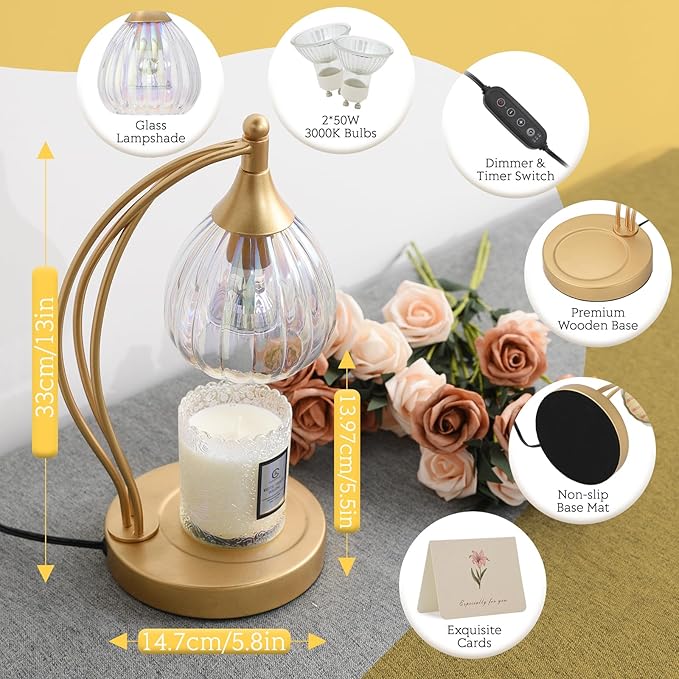 Candle Warmers for Jar Candles - Wax Melt Warmer with Timer Dimmer - Cozy Room Decor Aesthetic Home Gifts for Housewarming - 2 Bulb