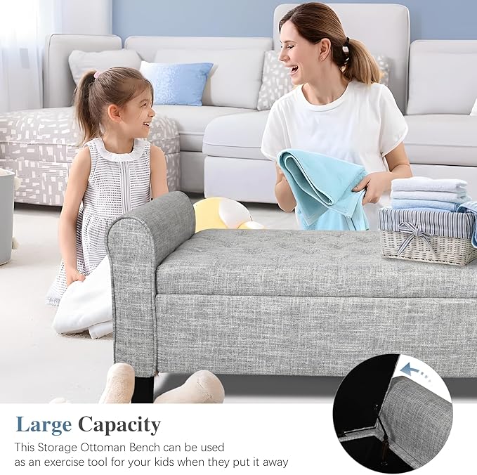 Storage Ottoman Bench with Arms, End of Bed Bench for Bedroom, Button Tufted for Entryway, Living Room,Hallway (Light Grey)