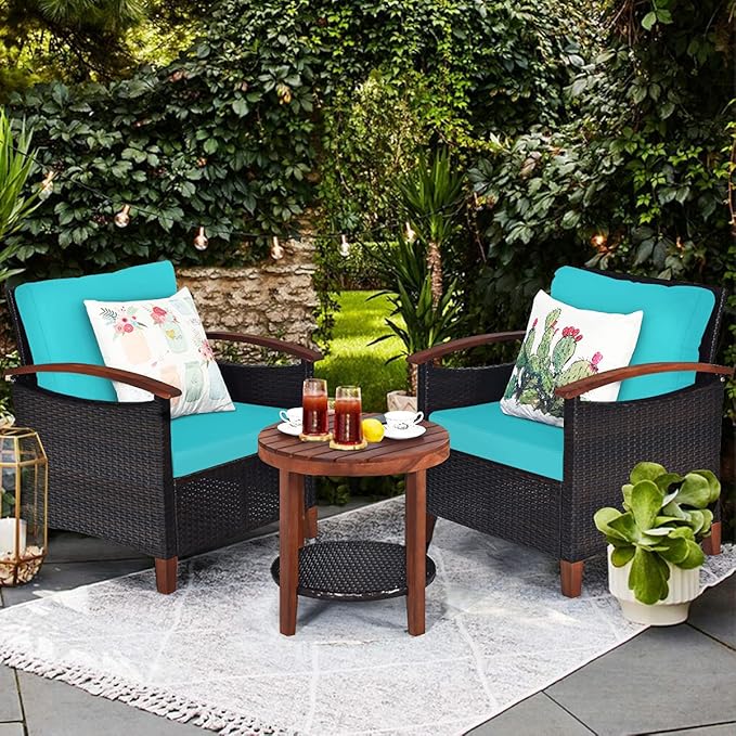 Tangkula 3 Pieces Patio Furniture Set, Outdoor Rattan Sofa and Side Table w/Solid Acacia Wood Frame, High Load Bearing Conversation Bistro Set w/Washable and Removable Cushions (Turquoise)