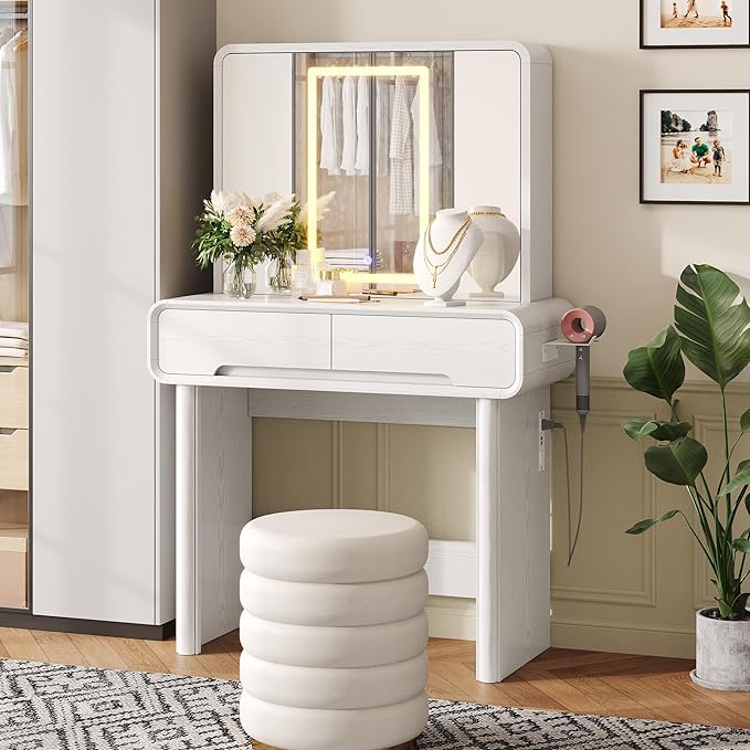 IRONCK Vanity Makeup Desk with 3-Sided Foldable LED Mirror, Create Your Glam Space with 9 Secret Storage Shelves, Built-in Charging, White Elegant Curved Dressing Table