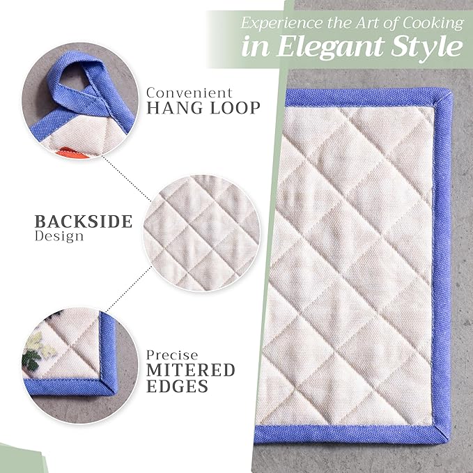 Maison d' Hermine Pot Holders Set 100% Cotton Heat Resistant Potholders 8" x 8" Hot Pads with Loop BBQ, Cooking, Baking, Grilling, Kitchen, Handling Hot Pans Spring/Summer (Pack of 2, Gourmand)