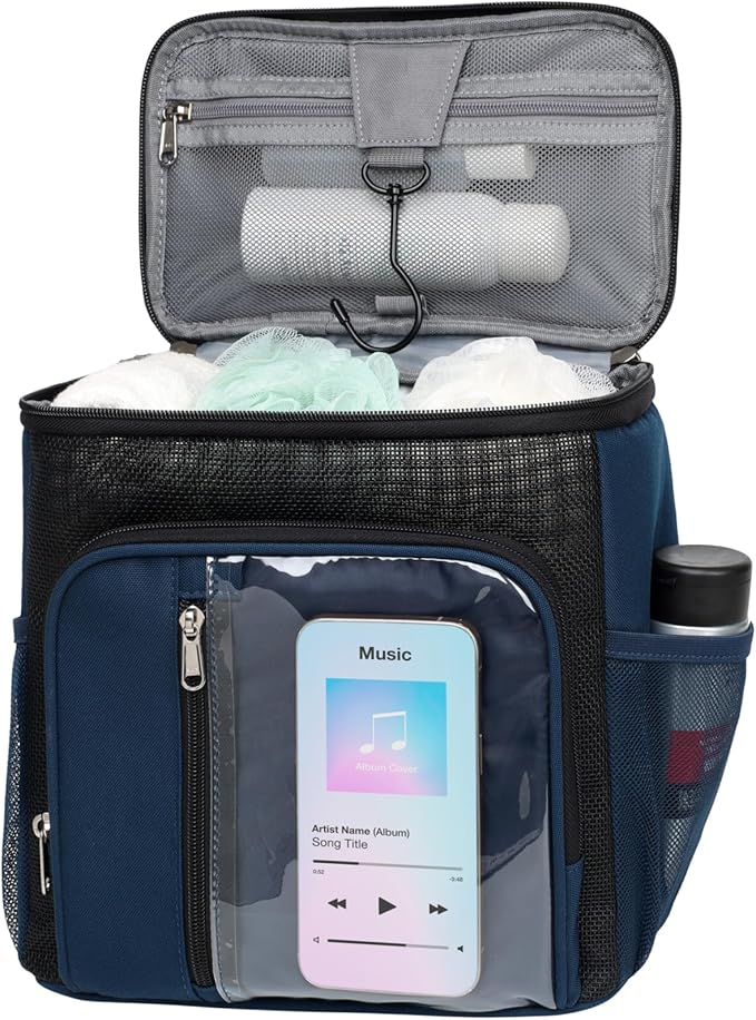 F-color Hanging Shower Caddy Portable - College Dorm Essentials for Guys with Hooks, Quick-Dry Shower Bag for Dorm Travel Gym Camping Essentials, Water-Resistant with Multiple Pockets, Dark Blue