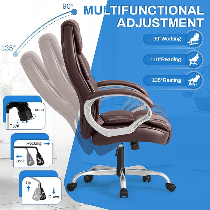 Furmax Leather High Back Office Chair Ergonomic Executive Office Chair Swivel Computer Desk Chair Lumbar Support Soft Cushioned Padded Arms (Brown)