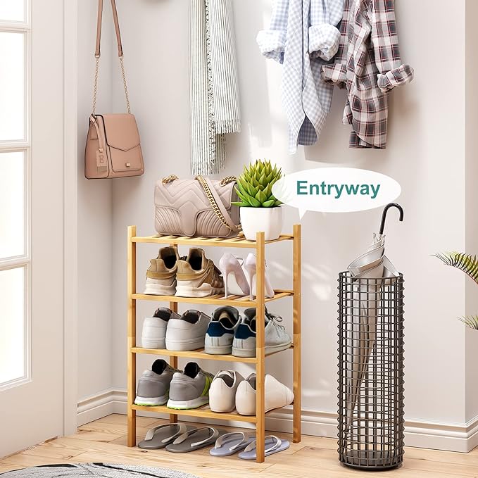 Small Shoe Rack, 4-Tier Rack for Entryway, Bamboo Wood Shoe Shelf for Closet & Hallway, Long 17 in | Beautiful | Functional | Sturdy | Durable