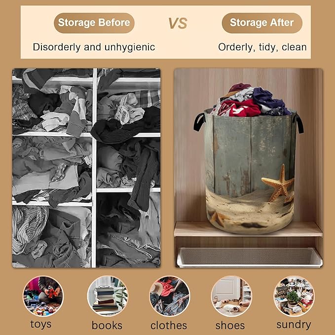 Large Laundry Basket,Sand Starfish Collapsible Laundry Baskets,Wood Board Waterproof Oxford Hamper with Handles for Bathroom Bedroom Nursery Home Storage 16"x20"