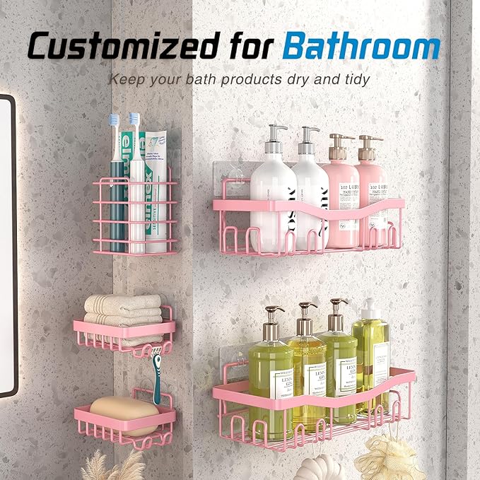 Adhesive Shower Caddy, No Drilling Bath Organizers 5 Pack, Rustproof Shelves with Soap Holder & Toothbrush Holder, Pink Bathroom Accessories Decor Set