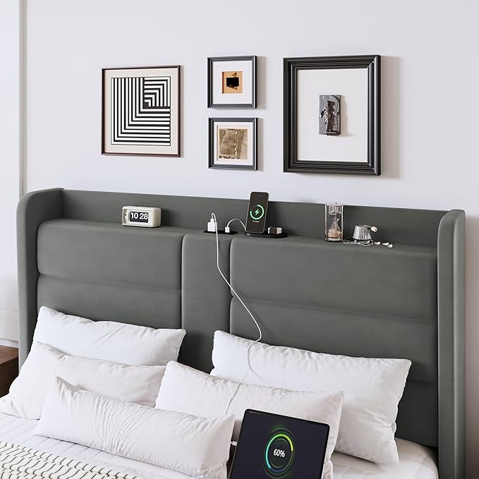 Allewie Queen Size Platform Bed Frame with Charging Station & Storage Headboard, Upholstered Velvet Wingback Design & USB Port, Strong Wooden Slats Support, No Box Spring Needed, Easy Assembly, Grey