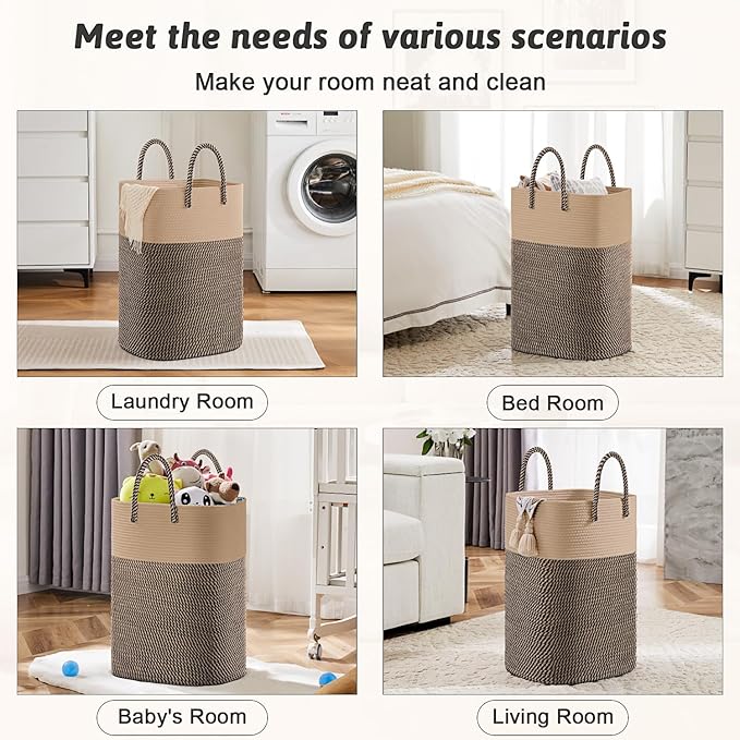 Laundry Basket,Woven Cotton Rope Laundry Hamper,Versatile Storage for Dirty Clothes,Baby Toys,and Blankets in Bathroom, Nursery,and Living Room (Jute, 40L)