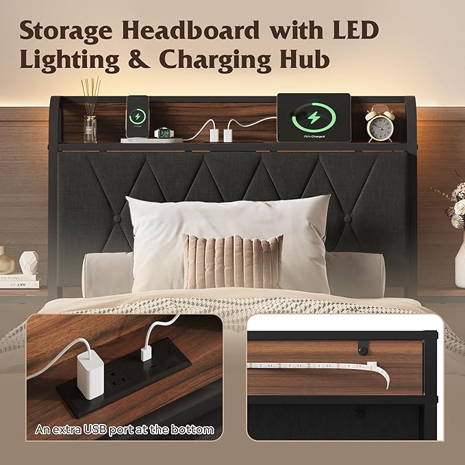 WLIVE Twin Size Upholstered Bed Frame with 2 Side Shelves, Linen Tufted Storage Headboard with Charging Ports and LED Light, Metal Solid and Stable, No Box Spring Needed, Easy Assembly, Brown