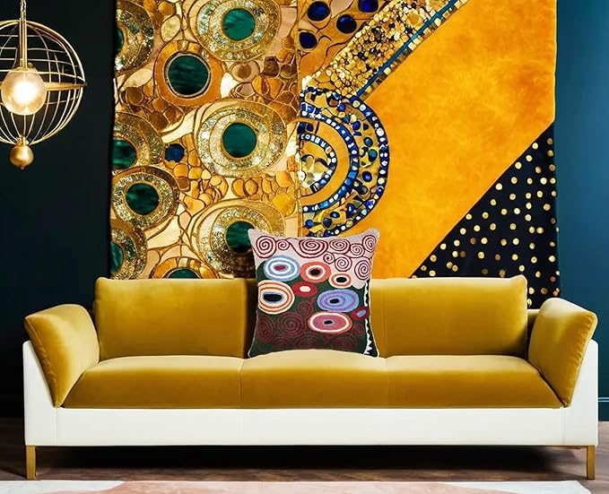 Klimt Green Modern Pillow Cover Needlepoint Throw Pillowcase Decorative Chair Cushion Farmhouse Couch Mid Century Sofa Cushions Hand Embroidered Wool Size 18x18