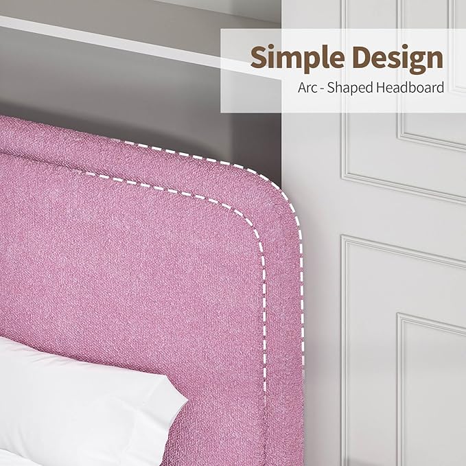 BarnFurin Twin Size Bed Frame, Boucle Upholstered Platform Bed Frame with Headboard, Modern Style, Soft Rounded Corners, No Box Spring Required, Easy Assembly, Rose Pink